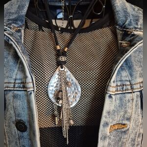 Vintage Chicos Silver Tone Pendant Necklace with Black Leather Cord